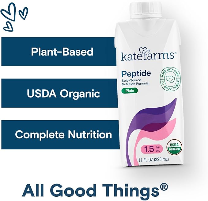 KATE FARMS Organic Adult Peptide 1.5 Formula, Plain, Sole-Source, Hydrolyzed Plant-Based Nutrition for Oral or Tube Feeding, 11 Fl oz (12 Pack)
