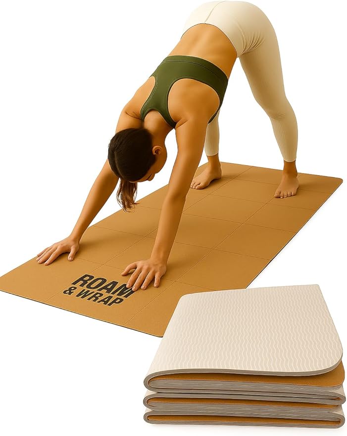 Roam & Wrap Foldable Cork Yoga Mat – Compact 14-Panel Travel Mat, Lightweight & Easy to Carry, Fits in Bag with Carry Pouch, Non-Slip Cork top & TPE bottom, Cotton Bag Included (4mm)