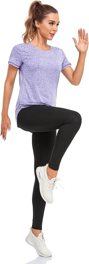 Women's Short Sleeve Workout Shirts Crewneck Sports Yoga Running Dry Fit Tops Side Split Tee