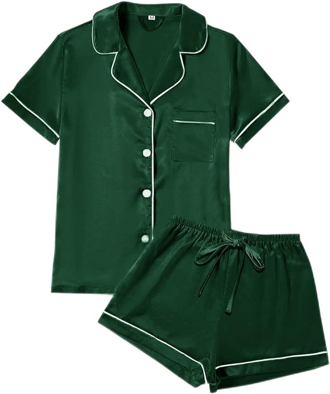 4Pcs Womens Satin Silky Pajama Sets Short Sleeve Shirt XS-4XL Floral Pajamas Set Soft PJ Loungewear Sleepwear