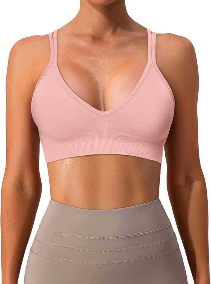 Sports Bra for Women V-Neck Strappy Criss Cross Yoga Bra Padded Medium Support Workout Gym Athletic Fitness Bras 3 Pack