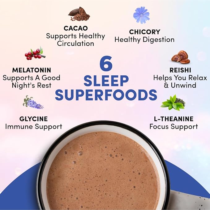 RYZE SUPERFOODS Mushroom Hot Cocoa Melatonin Sleep Supplement, Keto Cocoa Powder with Reishi Mushroom, Melatonin, Glycine, Cacao, L-Theanine, Chicory to Help Fall Asleep and Stay Asleep, 20 Servings