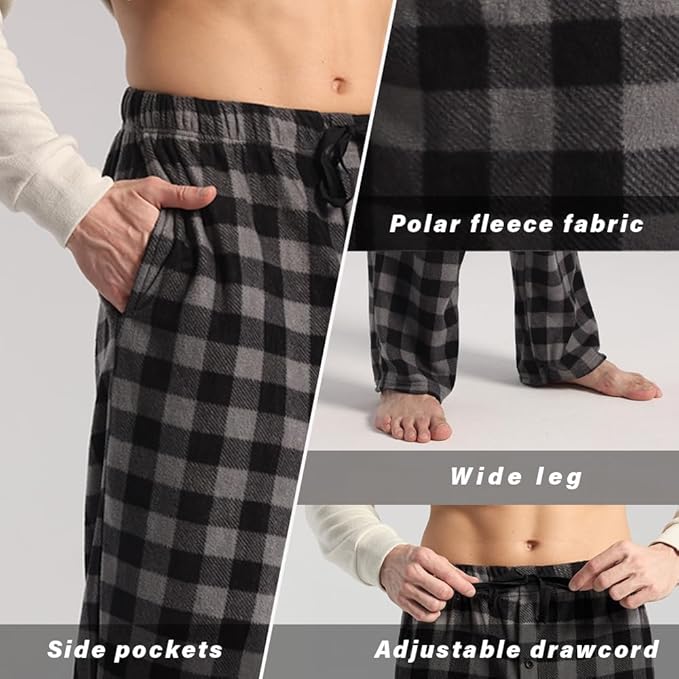 3 Pack Men's Fleece Pajama Pants Bottoms– Lounge Sleepwear Plaid PJs with Pockets and Button Fly