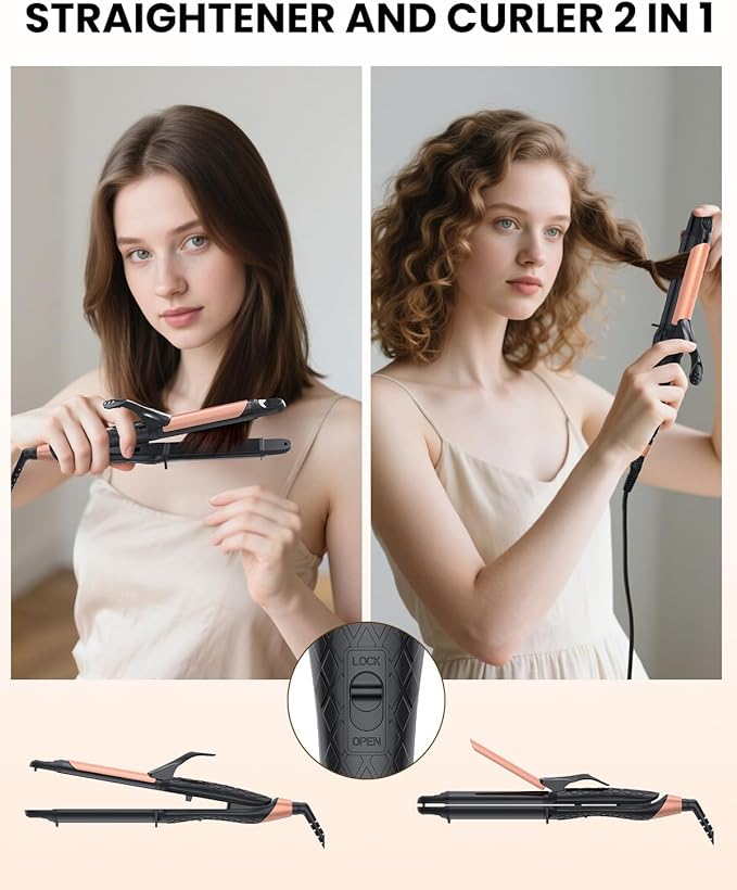 Dual Voltage Curling Iron 2-in-1 Curling Iron 1 Inch,(100V~240V) Dual Voltage Hair Straightener Travel CurlingIron European Flat Iron(Black)