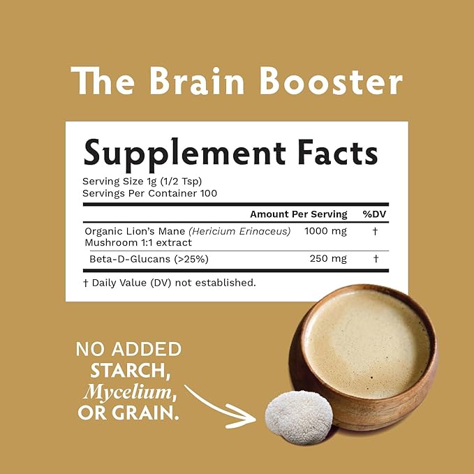 TRIBE ORGANICS Lion’s Mane Powder - Organic Mushroom Extract Powder - Immune System Booster & Brain Nootropic for Focus and Memory - Natural Energy and Immunity - 100g Pouch - 100 Servings