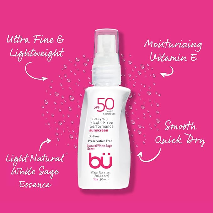 BU SPF 50 Sunscreen Spray for Face and Body, TSA Travel Size Sunscreen, Clear, Non Greasy, Water Resistant, for Sensitive Skin, White Sage 1 oz