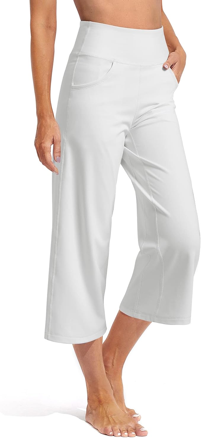 Promover Capri Pants for Women Wide Leg Yoga Cropped Pants with Pockets Loose Casual Summer Pants