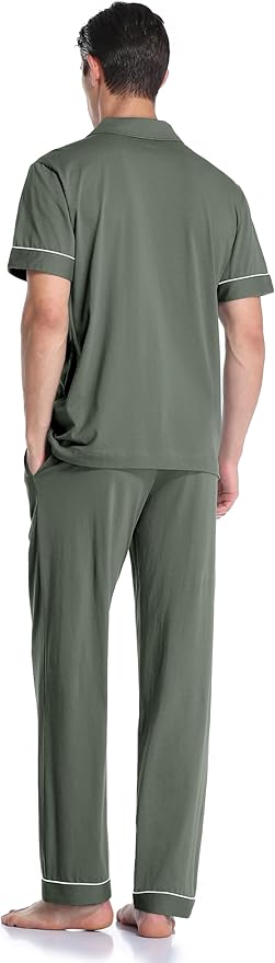 COLORFULLEAF Men's 100% Cotton Pajamas Set Button Down Sleepwear Short Sleeve and Long Pants Pjs