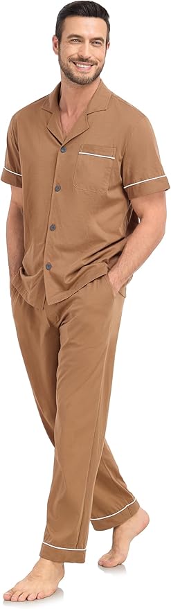 COLORFULLEAF Men's 100% Cotton Pajamas Set Button Down Sleepwear Short Sleeve and Long Pants Pjs