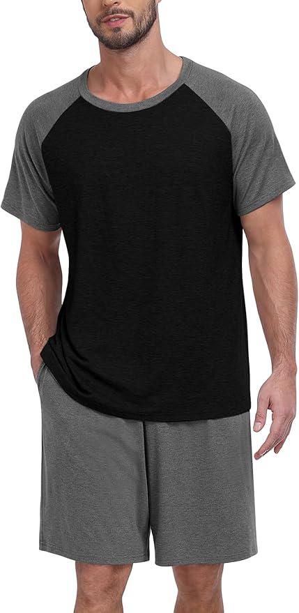 Mens Pajama Set Summer Pjs Sleepwear Lightweight Short Sleeve Pjs Soft Comfy Sleep Set With Pocket