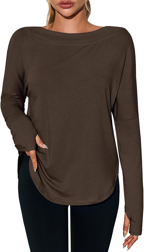 Tankaneo Womens Open Back Workout Shirts Casual Long Sleeve Boat Neck Tops Athletic Gym Yoga Tees with Thumb Holes