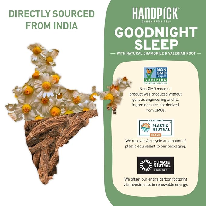 HANDPICK, Good Night Tea Bags (100 Count) Night Time Herbal Tea | Caffeine Free | Floral Blend - Lavender, Chamomile, Peppermint | Natural Tea, Perfect for Bedtime