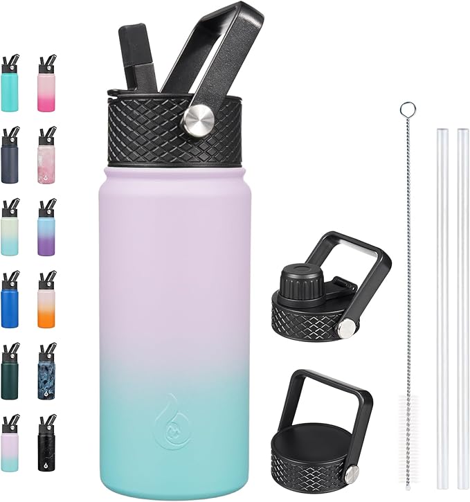 BJPKPK Insulated Water Bottles with Straw Lid, 18oz Stainless Steel Metal Water Bottle, Cold Hot Thermo with 3 Lids, Leak Proof BPA Free Travel Cup, Wide Mouth Flasks, Thermo -Lavender Green
