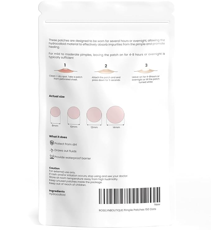 ROSELYNBOUTIQUE Pimple Patches for Face - Hydrocolloid Acne Patches with Tea Tree Oil, Zits Blemishes Pore Strips - Vegan Facial Skin Care Products Cruelty-Free (150 Counts - 4 Sizes)
