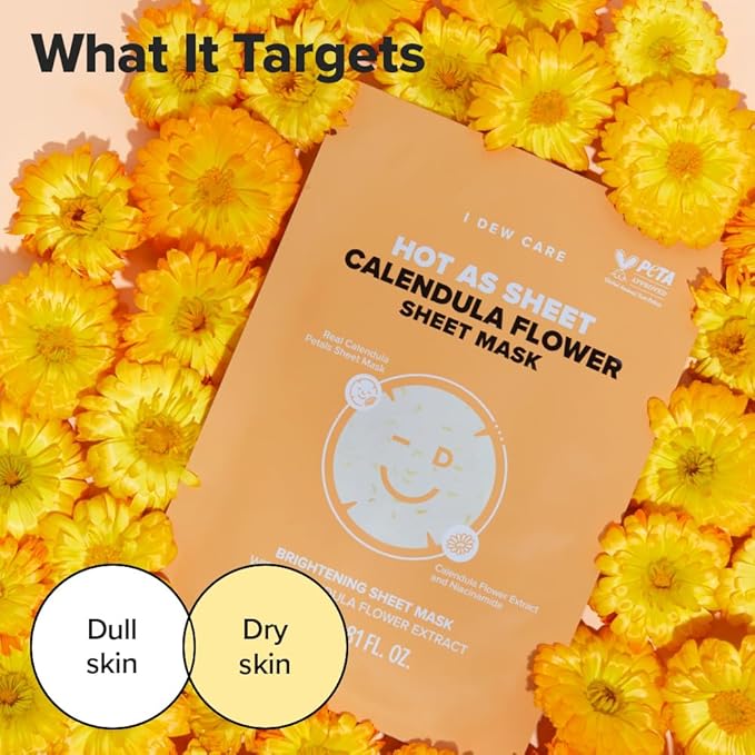 I DEW CARE Calendula Sheet Face Mask - Korean Skincare for Hydrating and Calming Skin | Face Masks with Calendula Extract & Niacinamide, Moisturizing Korean Skin Care, Sheet Masks for Women, 10EA