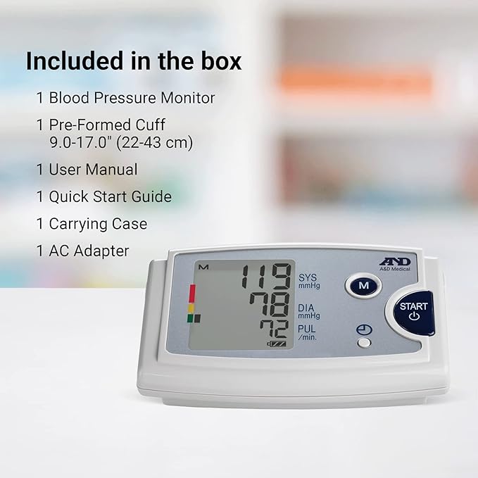 A&D Medical Blood Pressure Monitor for Home Use, UA787EJ Preformed Upper Arm Cuff (9.0-17" / 22-43cm), Easy to Use, One Touch Operation, Avg Memory, 3 Custom Reminders, Carrying Case, AC Adapter