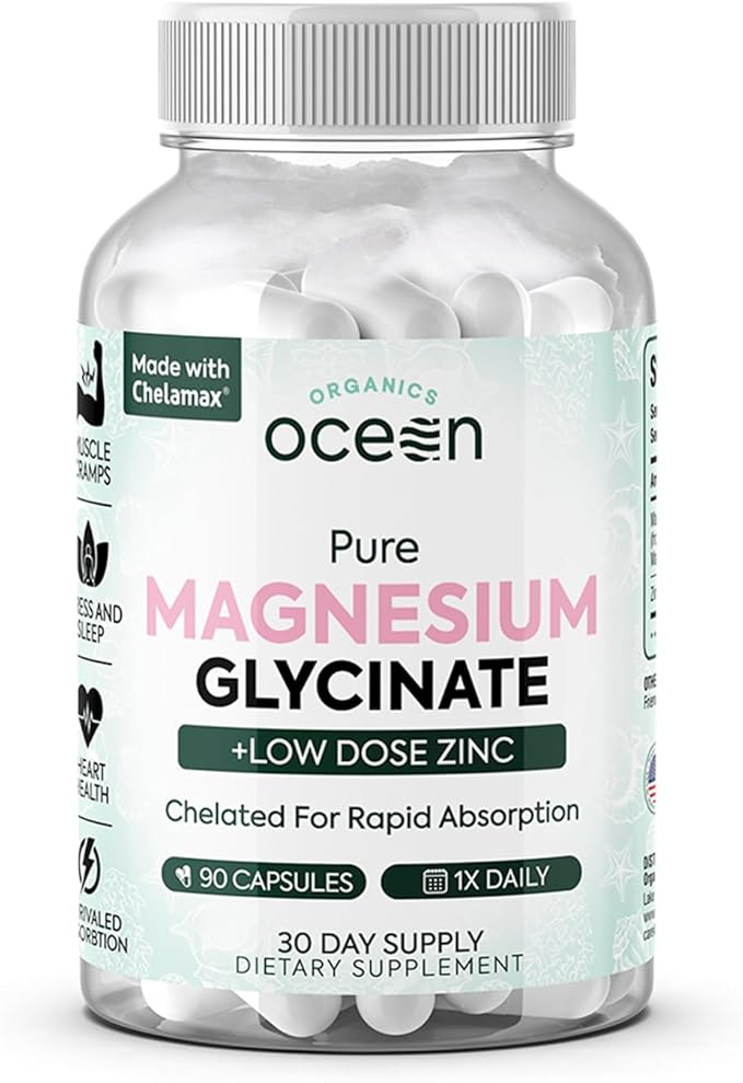 Organics Ocean Pure Magnesium Glycinate with Zinc - Maximum Strength Chelated Magnesium Supplement for Women and Men for Muscle Cramps and Sleep Support - 90 Capsule
