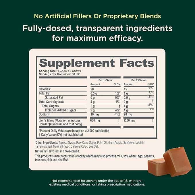 Genius Lion's Mane Soft Chews Supplement – Nootropic Mushroom for Focus, Clarity, Memory, Energy, Brain Health Support – Salted Caramel Flavor