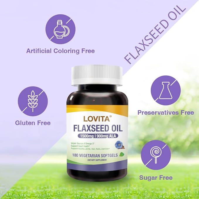 Lovita Vegan Flaxseed Oil 1500mg with 900mg ALA Omega-3 6 9, Cold-Pressed Flax Seed Supplement, Support Heart, Brain, Joint & Skin Health, Non-GMO & Gluten Free, 180 Softgels