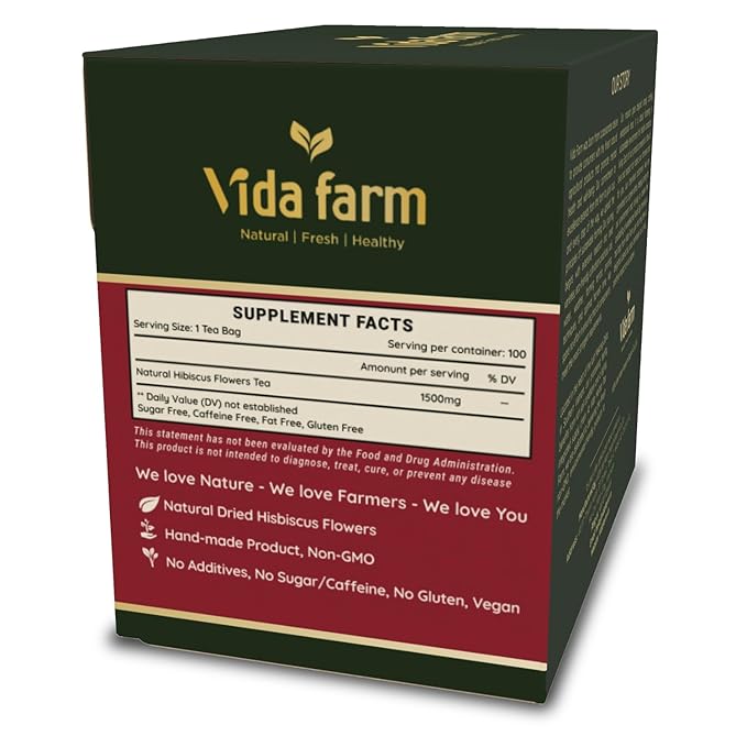 VIDA FARM 100 Hibiscus Tea Bags, 100% Natural Dried Hibiscus Flowers Tea Bags, No Sugar, No Caffeine, No Gluten