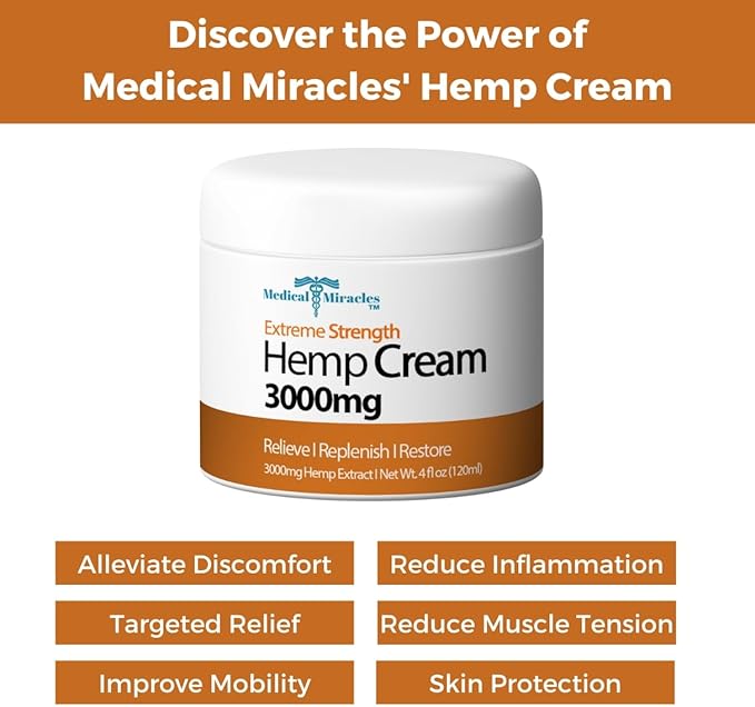 Medical Miracles Hemp Relief Cream - Ideal for Arthritis, Neuropathy, Muscles, Joints, Neck, Back, Elbows, Hands, Feet, and Knees - Proudly Made in USA (3000mg)