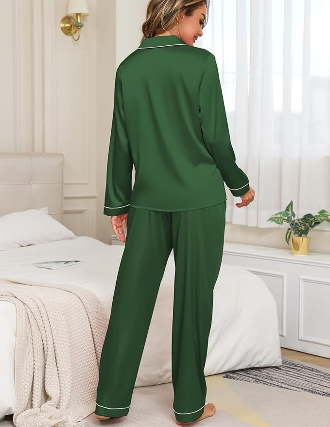 Veseacky Womens Satin Pajama Set Silk Pjs Button Down Long Sleeve Sleepwear Loungewear Sleepwear 2 Piece Pjs Set S-XXL