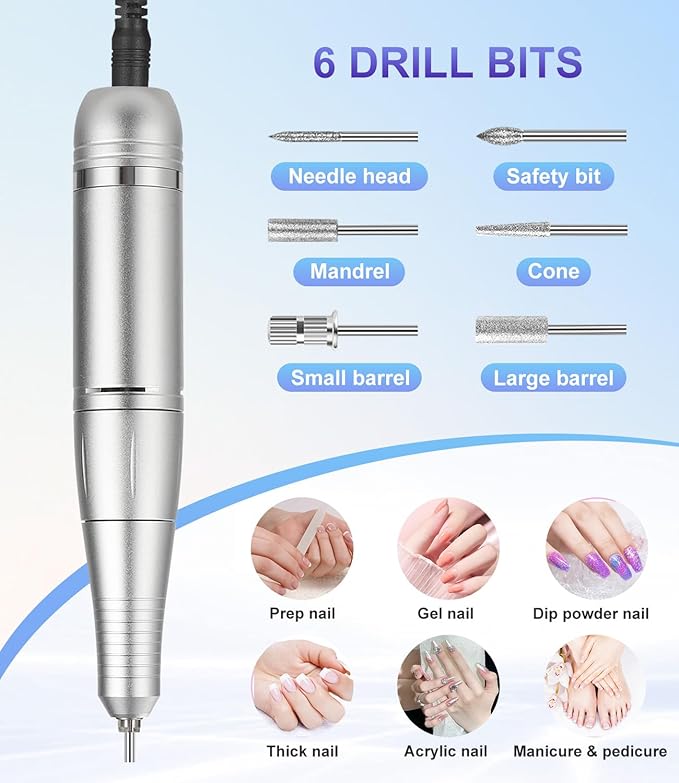 Portable Nail Drill Professional 45000 RPM, Rechargeable Electric Nail File Machine E File for Acrylic Gel Polishing Removing, Cordless E-File with Bits Kit for Manicure Salon Home