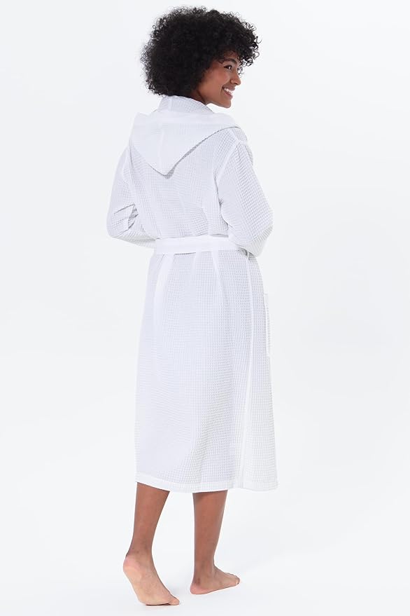 SEYANTE Women’s Luxury Waffle Shawl Collar, Hooded Robe w Piping – Lightweight, Long, Ultra Soft Spa Sleepwear Bathrobe