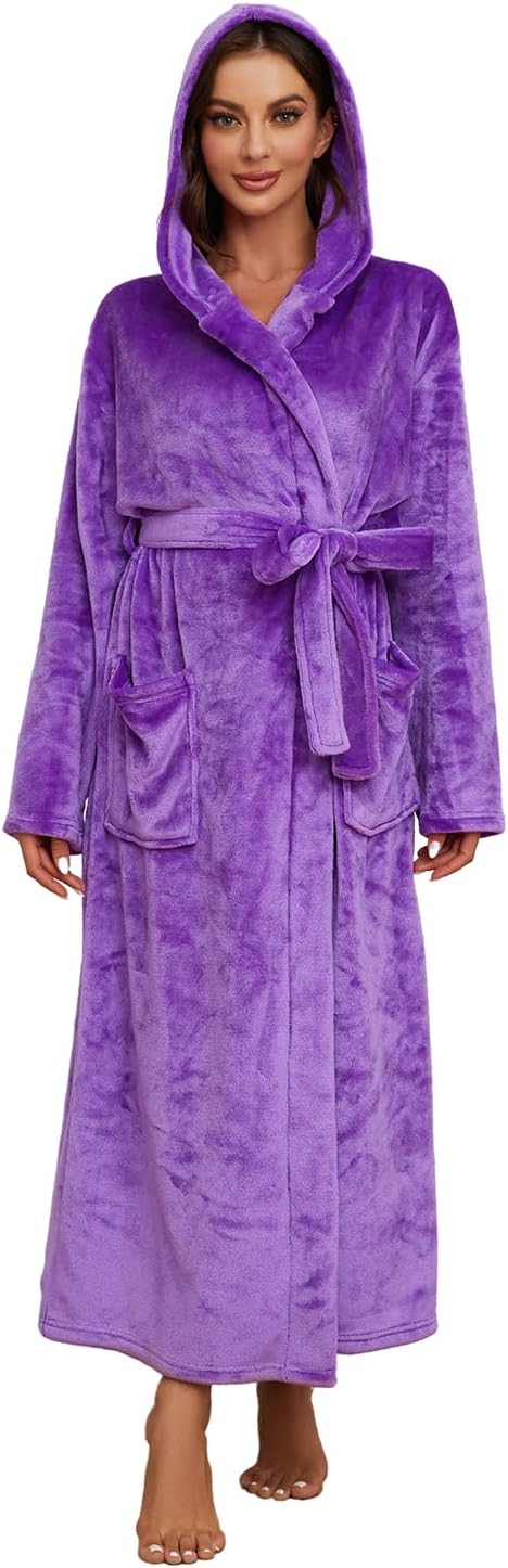 HEARTNICE Womens Long Hooded Robe, Soft Warm Fleece Bathrobes Full Length Plush House Coat