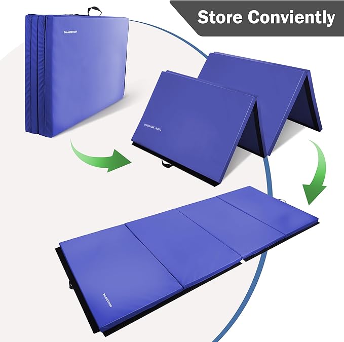 Folding Exercise Gymnastics Mat, 4'x8'x2" Gym Workout Mat with Carrying Handles 4-Fold High-Density Anti-Tear Portable Fitness Aerobics Mat for Home Gym Yoga Pilates Tumbling MMA Core Training