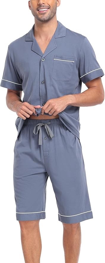 COLORFULLEAF Men's 100% Cotton Short Sleeve Pajama Sets Button Down Notched Collar Sleepwear Soft Lounge Pjs with Pockets