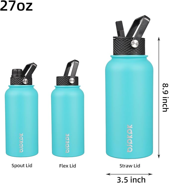 BJPKPK Insulated Water Bottles with Straw Lid, 27oz Stainless Steel Water Bottle with 3 Lids, Leak Proof BPA Free Metal Thermo, Mugs, Tumblers, Keep Cold Hot - Turquoise