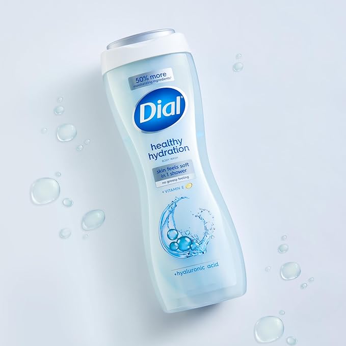 Dial Body Wash, Healthy Hydration, Hyaluronic Acid + Vitamin E, 16 fl oz (Pack of 4), Gentle, Leaves Skin Feeling Soft In 1 Shower, Dermatologist-Tested, No Parabens & Silicones