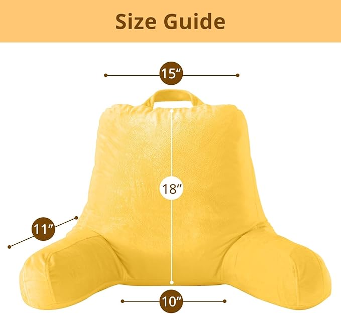 Sasttie Reading Pillow, Velvet Back Pillow for Bed Sitting Up, Adult Back-Rest Support Cushion with Arms for Sit Up on Couch, Sofa, and Floor, Dorm Essentials, Reading Accessories, Yellow