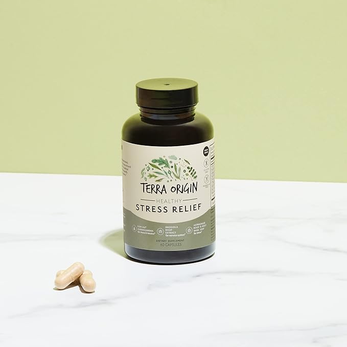 TERRA ORIGIN Healthy Stress Supplement | 60 Capsules | KSM-66 Organic Ashwagandha, L-Theanine, Rhodiola Extract, Astragalus Root and Holy Basil | Stress and Mood Support