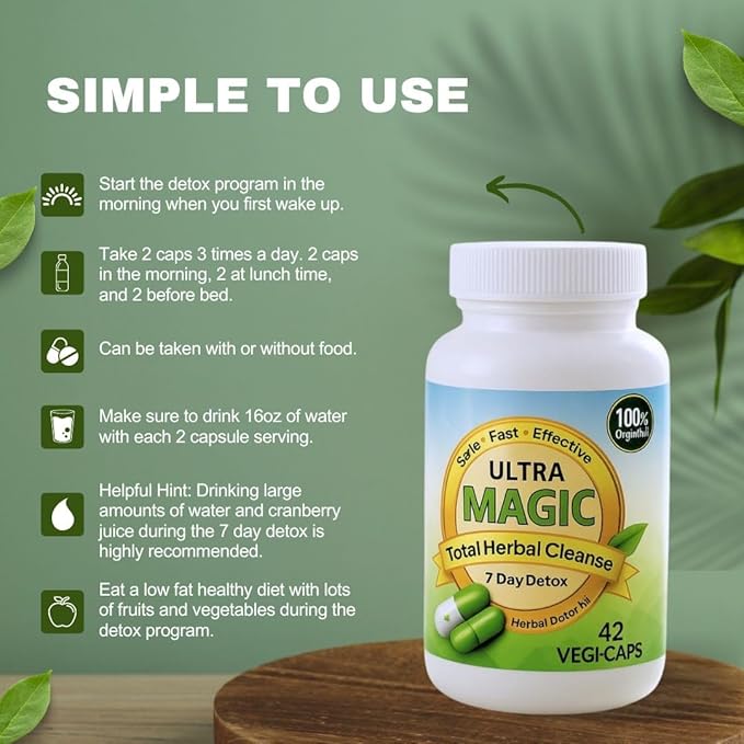 Magic Detox 7 Day Cleanse - Full Body Detox for Toxin Rid, Gut, Kidney & Liver Cleanse - Natural Herbal Detoxify and Cleanser - Non-GMO, Lab Tested, Made in USA - 42 Veg Capsules