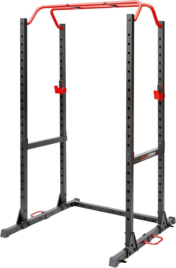 Sunny Health & Fitness Power Cage and Squat Rack In High Weight Capacity with J-Hooks, Adjustable Pull Up Bar, Weight Plate Holders, Resistance Band Posts