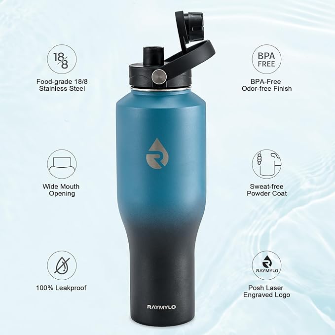 40 oz Insulated Water Bottle with Straw fit in Car Cup Holder, Triple Wall Vacuum Stainless Steel(Cold 48 hrs, Hot 24 hrs), Leakproof & Non-BPA, Hydro Travel Flask with Straw and Spout Lid