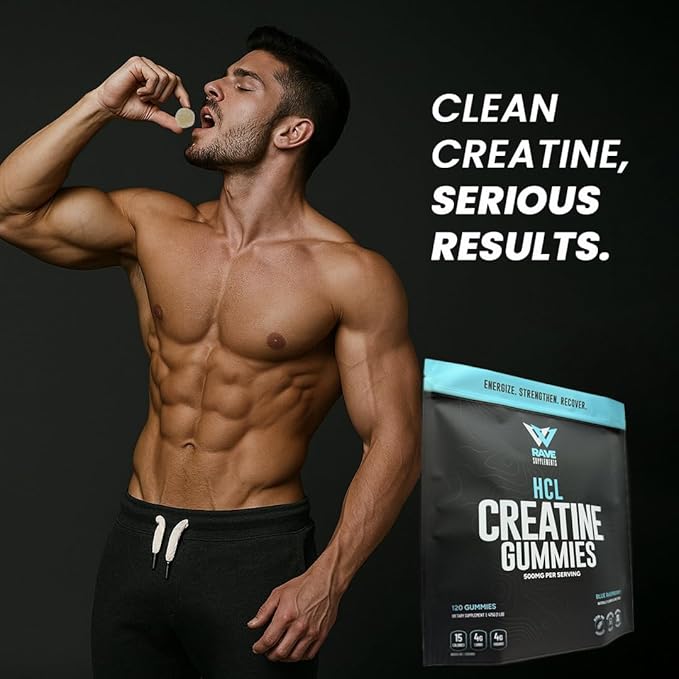 Rave Supplements Creatine HCl Gummies โ 500mg Per Serving โ All Natural, Organic Ingredients, Blue Raspberry Flavor โ Made in USA