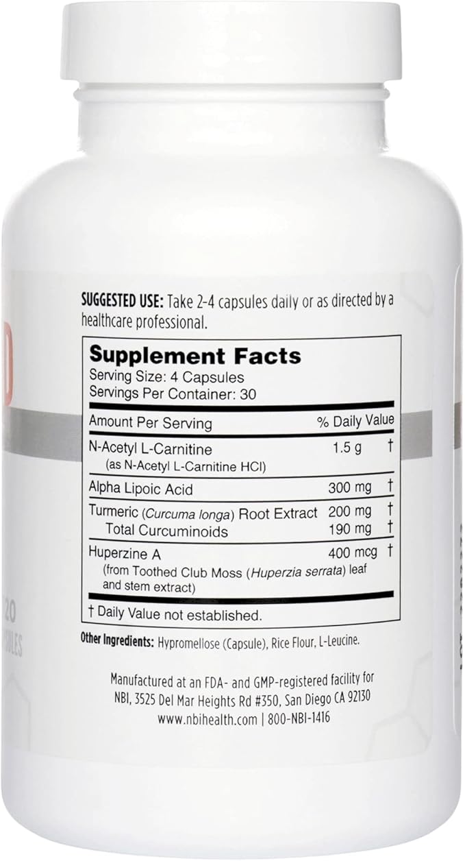 NBI Brain Blend for Memory, Focus, Concentration, Cognitive Function for Men & Women | Caffeine-Free with ALCAR, Alpha Lipoic Acid, Huperzine A, Turmeric | Nootropic | 120ct Capsules