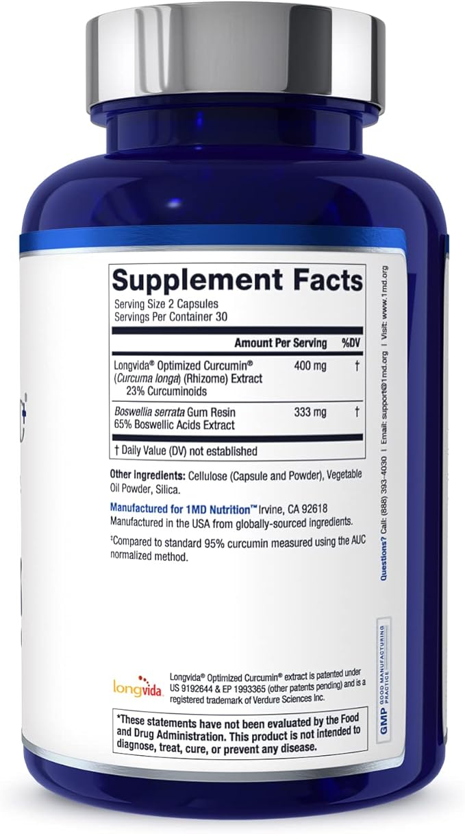 1MD Nutrition CurcuminMD Plus - Turmeric Curcumin with Boswellia Serrata - 285x More Absorbable | Joint Stiffness, Muscle Recovery, and Mood Support | 180 Capsules (3-Pack)
