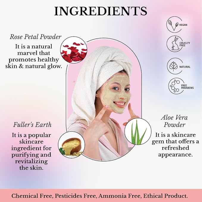 Face Glow- Fuller’s Earth w/Rose & Aloe Vera- 12 Individual Sachets of Multani Mitti (10 gm each)- Reusable Brush & Tray Included- Timeless Radiance- Face Mask for Healthy Looking Skin- Chemical Free