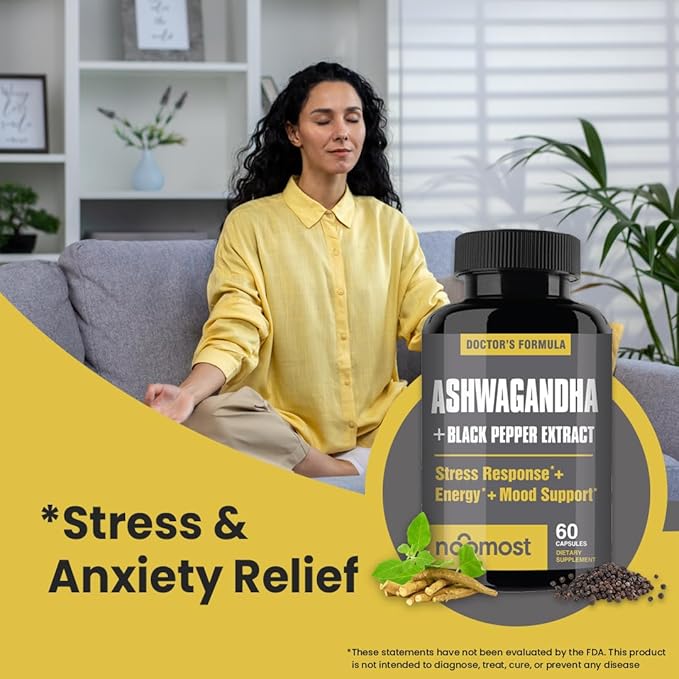 NooMost Organic Ashwagandha Capsules w/Black Pepper Extract as Vegan Ashwagandha Supplements for Anti Stress Relief, Natural Mood Support, Energy & Focus-60 Capsules