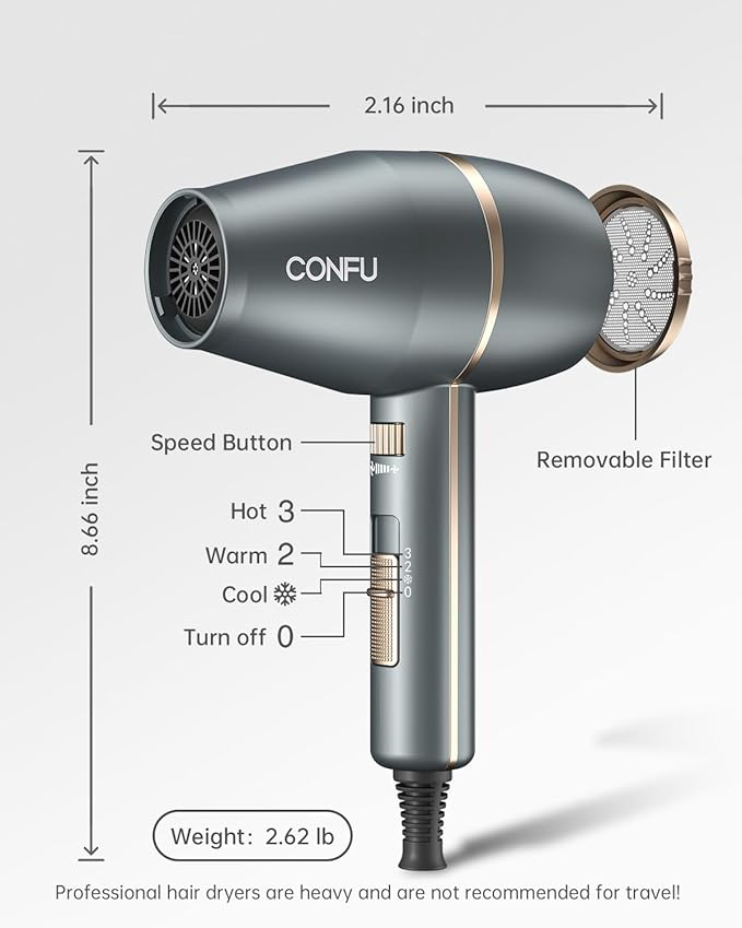 CONFU Hair Dryer, Hair Dryer with Diffuser 1875W, Negative Ionic Blow Dryer for Women & Men, Small Blow Dryer for HOM