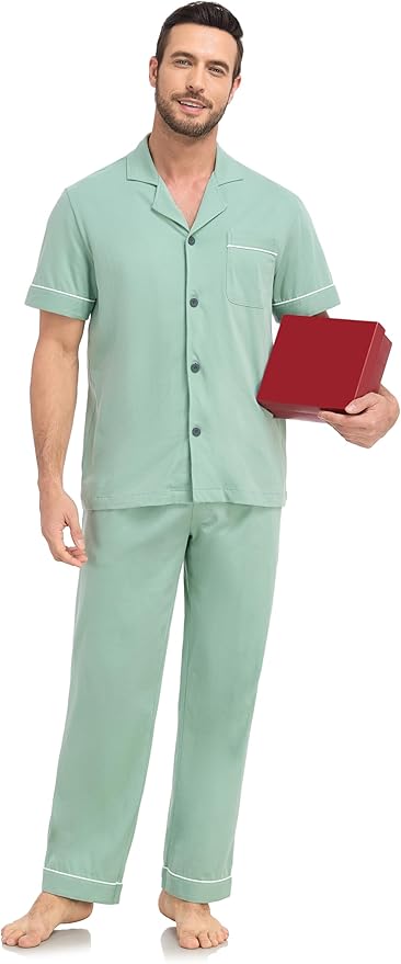 COLORFULLEAF Men's 100% Cotton Pajamas Set Button Down Sleepwear Short Sleeve and Long Pants Pjs