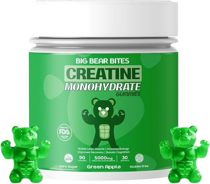 Creatine Monohydrate Gummies for Men & Women | 5000mg of Creatine Gummies per Serving | Sugar, Gluten Free & Halal | Pack of 90 for Pre Workout Support | Green Apple Flavor