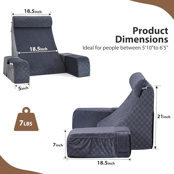Vekkia Large Reading Pillow with Adjustable Arms & Headrest – Wide Backrest Cushion for Adults with Extra-Large Pockets for Reading, TV, Gaming & Work, Recovery on Bed & Floor, 21"(Grace Grey)