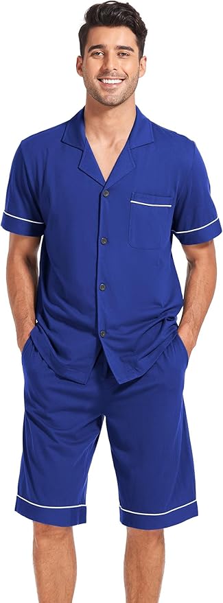 COLORFULLEAF Men's 100% Cotton Short Sleeve Pajama Sets Button Down Notched Collar Sleepwear Soft Lounge Pjs with Pockets