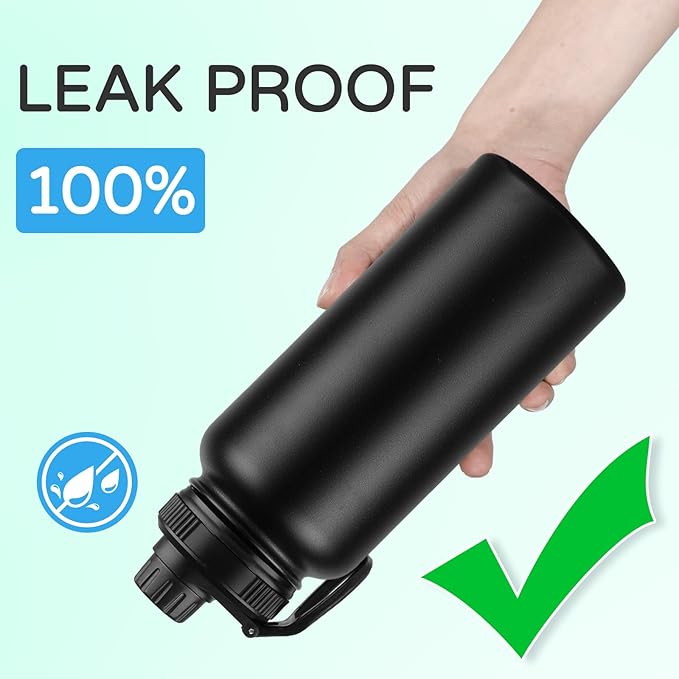 DOMICARE 32 oz Insulated Water Bottle, Vacuum Insulated Stainless Steel Sports Water Bottle with Straw Lid & Spout Lid, Leakproof, Reusable - Travel, Camping, Bike, Black