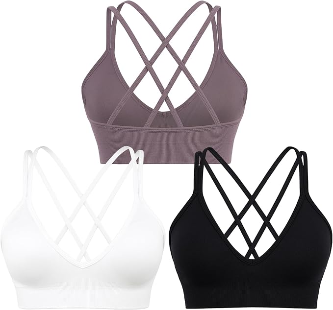 Sports Bra for Women V-Neck Strappy Criss Cross Yoga Bra Padded Medium Support Workout Gym Athletic Fitness Bras 3 Pack
